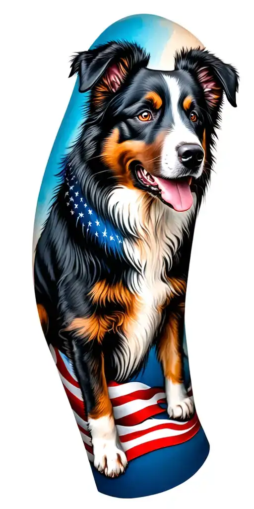 Full sleeve tattoo in blue and black ink, with an American flag around the shoulder. Australian shepherds on the forearm tattoo design idea