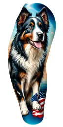 Full sleeve tattoo in blue and black ink, with an American flag around the shoulder. Australian shepherds on the forearm tattoo design idea