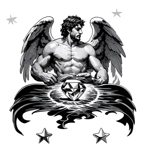 Tattoo of a man carrying a diamond being saved from the depths of hell from demons by angels. Put 3 stars in corner toge tattoo design idea
