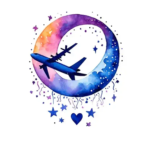 crescent moon, airplane, heart, stars tattoo design idea