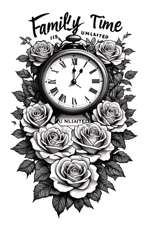 "Family time is unlimited " a road going into a clock surrounded by roses tattoo design idea