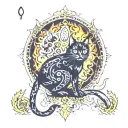 black cat tarot card featuring fire and ghosts  tattoo design idea