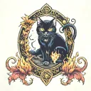 black cat tarot card featuring fire and ghosts  tattoo design idea