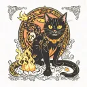 black cat tarot card featuring fire and ghosts  tattoo design idea
