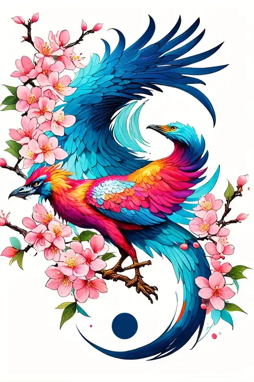Cherry blossom with a phoenix and semicolon inside tattoo design idea