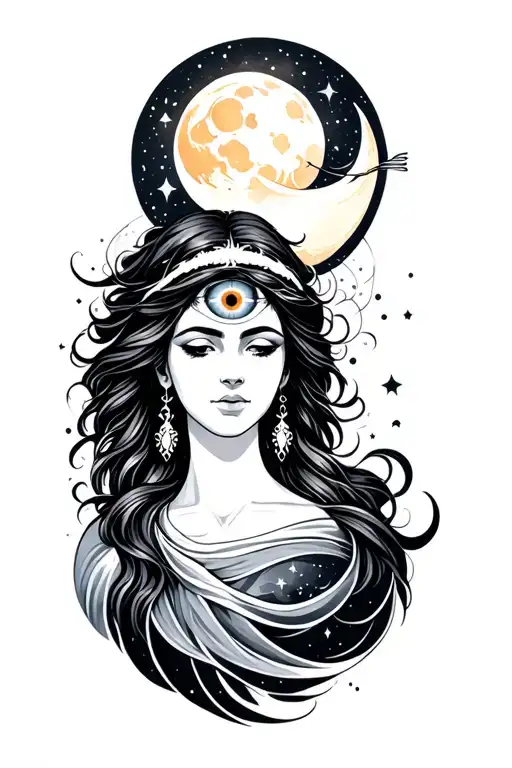 a beautiful and enlightened being with a third eye crossing the moon in space tattoo design idea