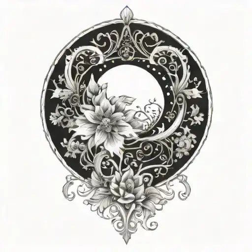 art nouveau, crescent moon, symmetrical floral design tattoo design idea
