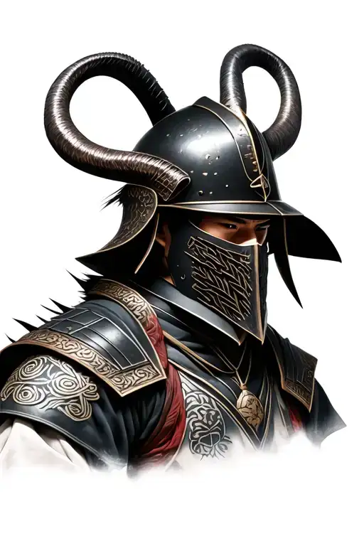 photo realistic ronin samurai warrior wearing a kabuto helmet with mask and horns, head bowed tattoo design idea