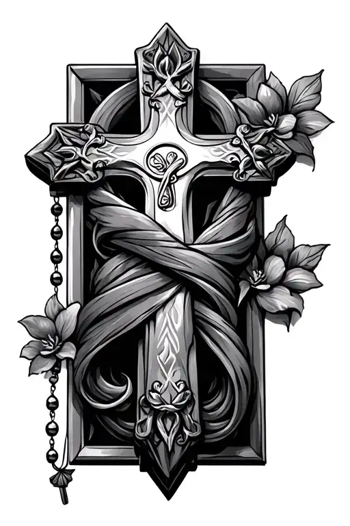 cross with rosary wrapped, with realistic look tattoo design idea