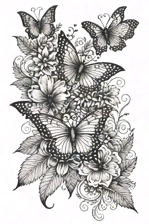 flower sleeve tattoo design combining tribal henna style with fine line butterflies and ferns tattoo design idea