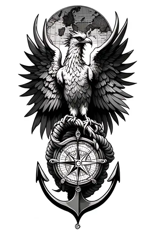 phoenix with compass , anchor with big ropes and Europe map with grid  tattoo design idea