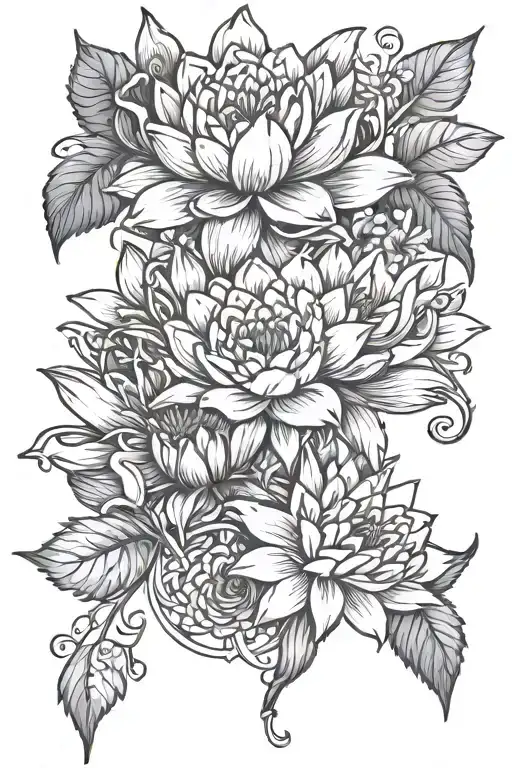 flowers on a vine water lily aster daffodil rose with details going around the flowers and vine with the word love  tattoo design idea