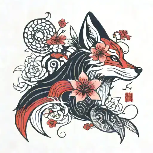 side profile kitsune mask cherry blossoms red spider lily and a Japanese kanji of the fox tattoo design idea