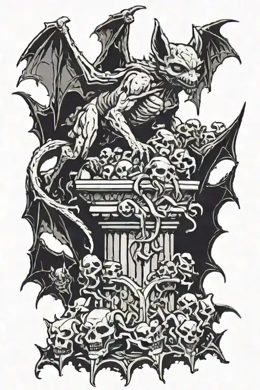 A bat gargoyle covered in blood. Standing on a pile of small skulls. Lovecraftian horrors in the background tattoo design idea