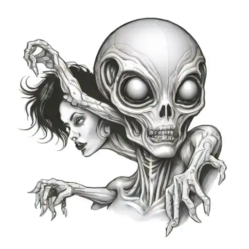 Psychedelic Alien with a malicious aura and beautiful women getting abducted tattoo design idea