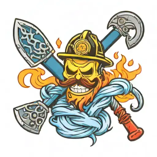 Emoji flame with blue hose and blue axe. For the fire department tattoo design idea