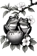  two frogs on a flowering apple tree branch and one of them with a primrose on its head as if it were a hat.The setting tattoo design idea