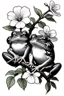  two frogs on a flowering apple tree branch and one of them with a primrose on its head as if it were a hat.The setting tattoo design idea