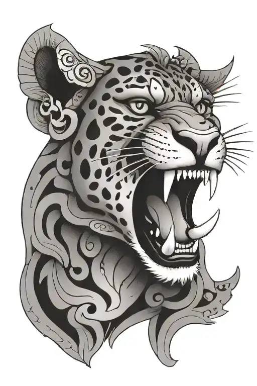 jaguar roaring wearing aztec headrest tattoo design idea