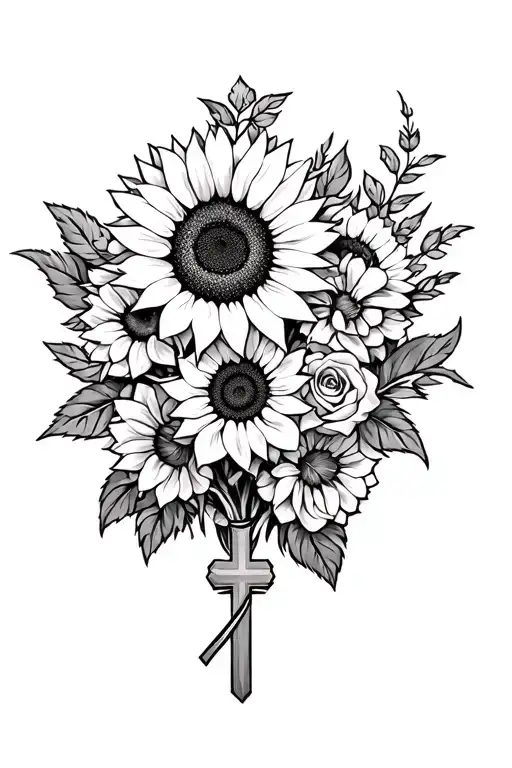 bouquet of sunflower and roses with cross in the middle tattoo design idea