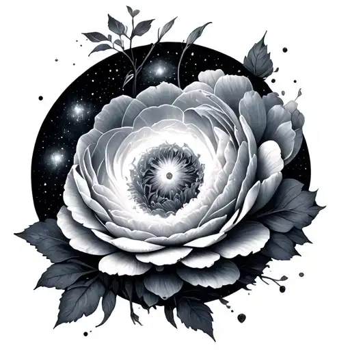 Create as light as possible with thin tattoo lines, inside the circle in which the galaxy, Ronunculus and petals are located tattoo design idea