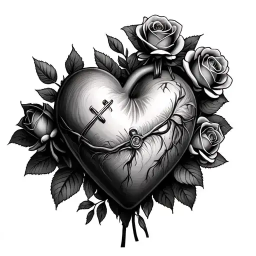 m going into a hospitals plus line  into a heart laying on bunch of roses tattoo design idea
