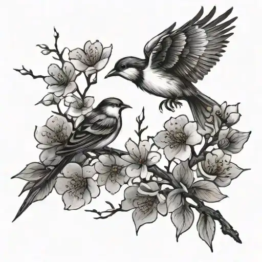 Branch and Cherry Blossom and birds flying away tattoo design idea
