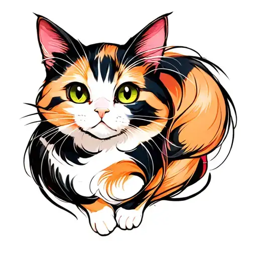 calico cat curled tattoo design idea