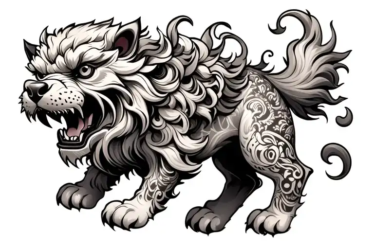 foo dog leg wrap tattoo design idea