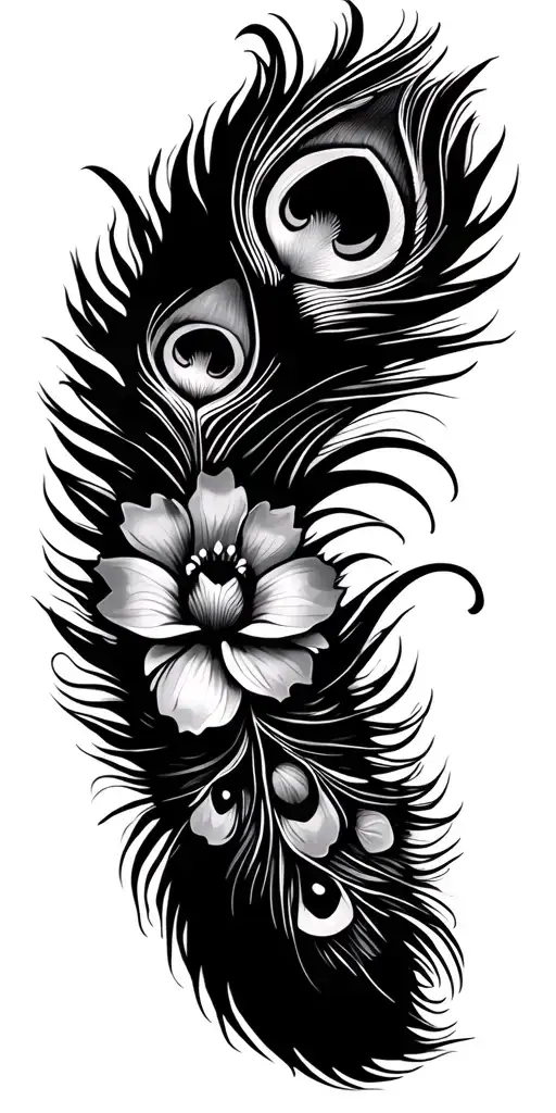 peacock feathers with flowers tattoo design idea