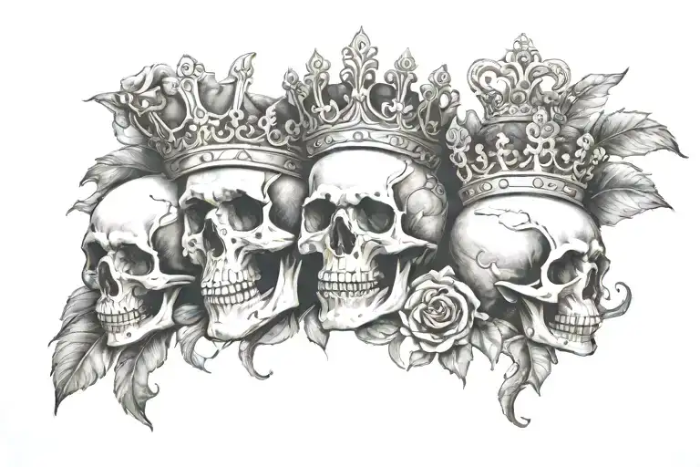Create a horizontal black and white tattoo on your back that includes a skull, a regal crown, and an infinity symbol, co tattoo design idea