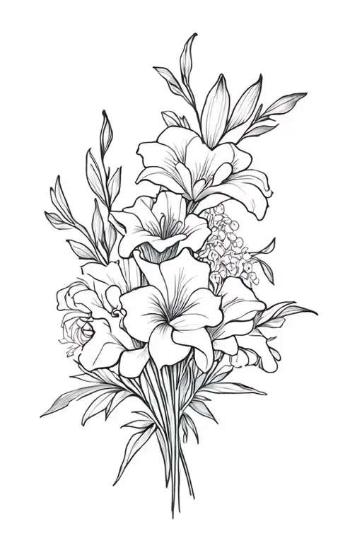 iris, roses, Lillies, snapdragons bouquet tattoo design idea
