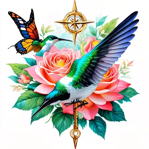 humming bird, roses, butterfly, lotus, phoenix, compass tattoo design idea