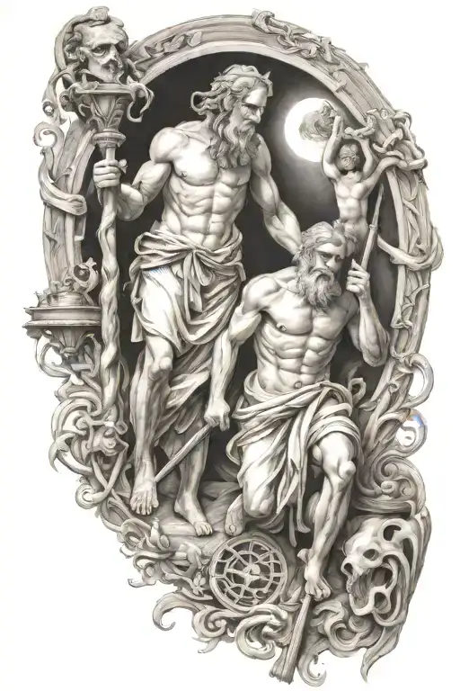 Asclepius holding his staff and charon boatman working on a the life of a mortal  tattoo design idea