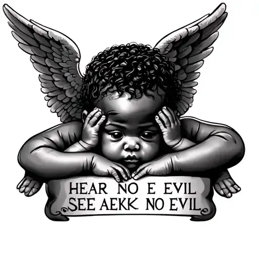 tattoo on upper arm that says hear no evil see no evil speak no evil. African American baby angels with hair cuts for a tattoo design idea