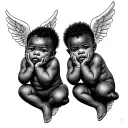 tattoo on upper arm that says hear no evil see no evil speak no evil. African American baby angels with hair cuts for a tattoo design idea
