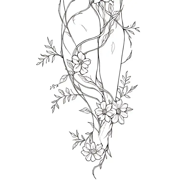 flowing vine of wildflowers wrapping around leg tattoo tattoo design idea