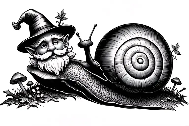 gnome with tall hat and beard riding a snailw ith forest mushrooms  tattoo design idea