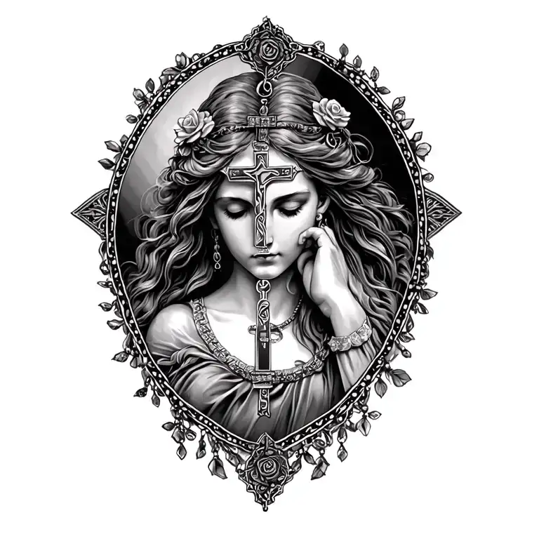 women rosary beads hanging tattoo design idea