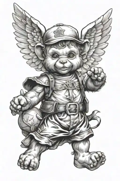 I want you to create a tattoo for my forearm front side. On it there is a treasure, a baby angel, a teddy bear tattoo design idea