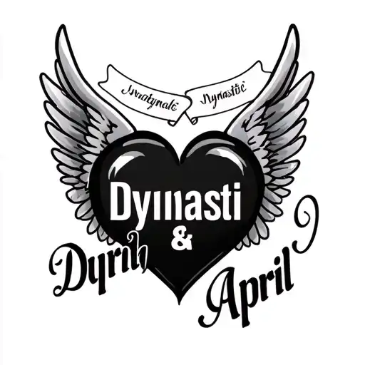 "Dynasti & April" "Dynasti & April" names inside a heart with wings tattoo design idea