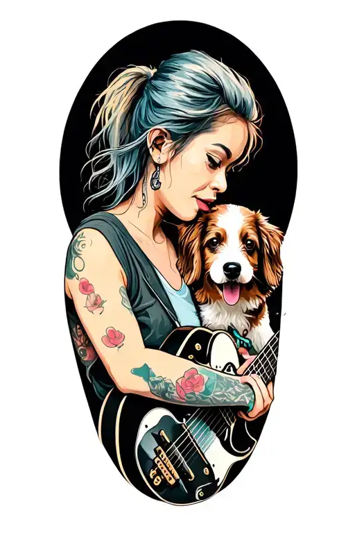 A leftist punk rock guitarist and singer with a tattoo of their niece and dog on their arm tattoo design idea