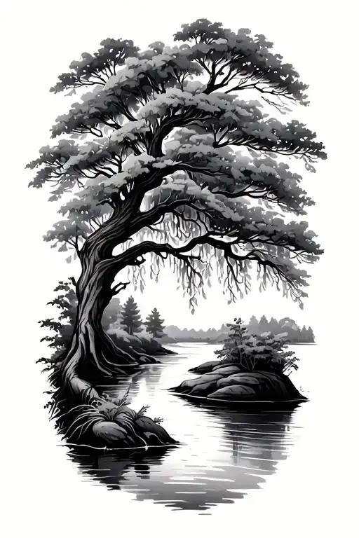 Willow tree and river crossing tattoo design idea