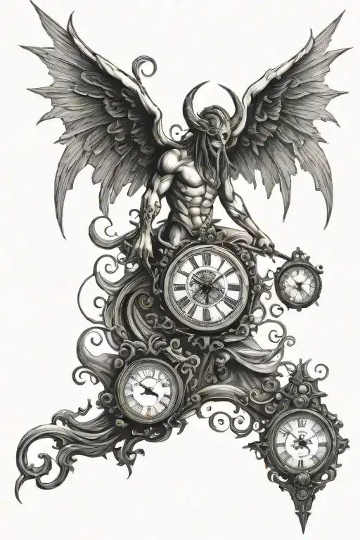 Demon, Angel and clock embedded tattoo design idea
