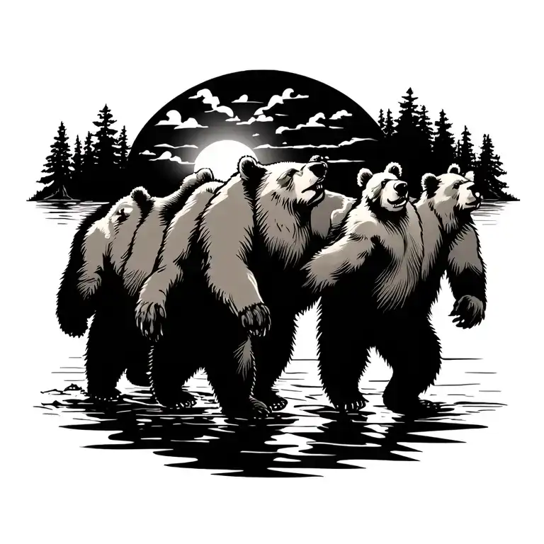 4 dancing bears from grateful dead walking away from lake dock in the sunset  tattoo design idea