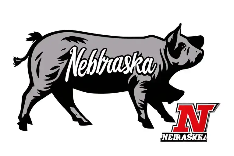 pig outline with brand of Nebraska state outline tattoo design idea