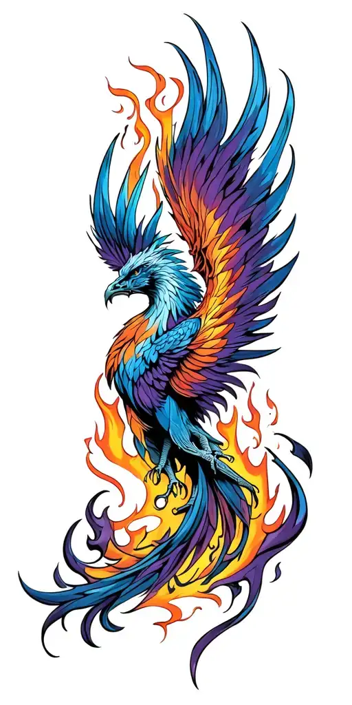 Blue and purple Phoenix rising from flames surrounding  tattoo design idea
