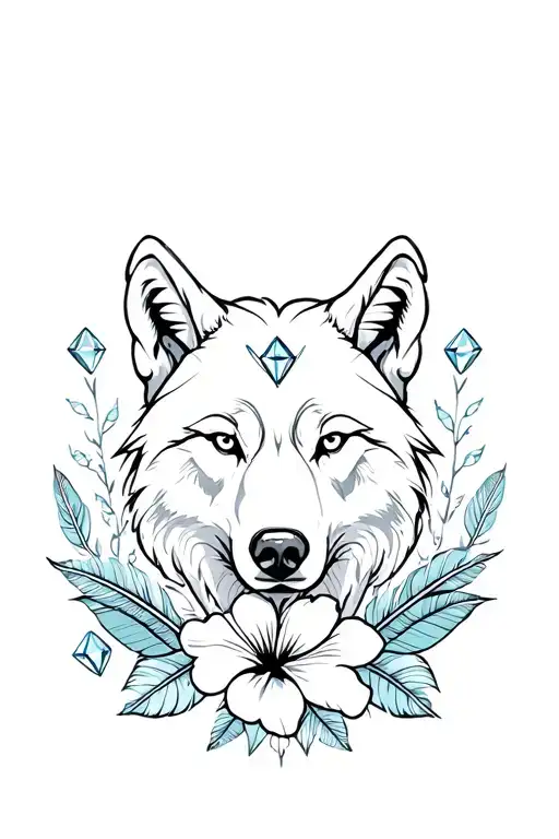 Wolf, bear, diamonds, feathers and hibiscus flowers tattoo design idea