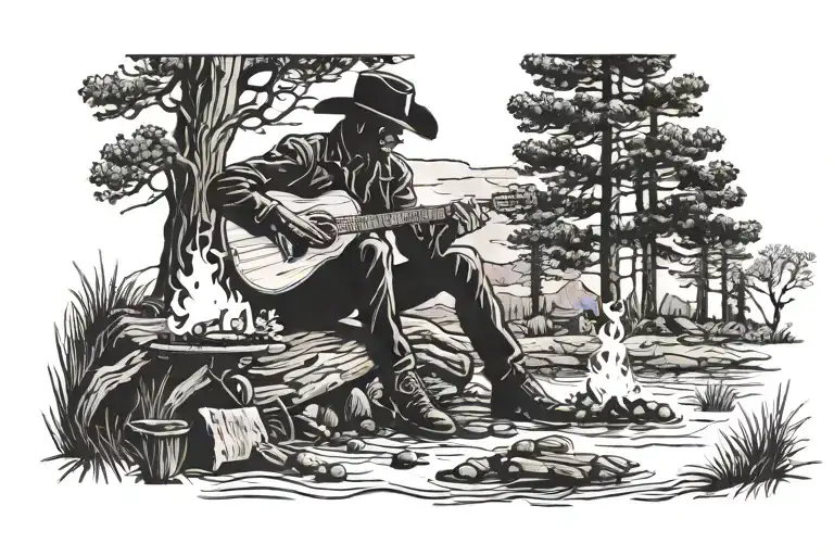 A silhouette of a cowboy playing a guitar by a campfire, with a fishing rod and rifle leaning against a tree nearby tattoo design idea
