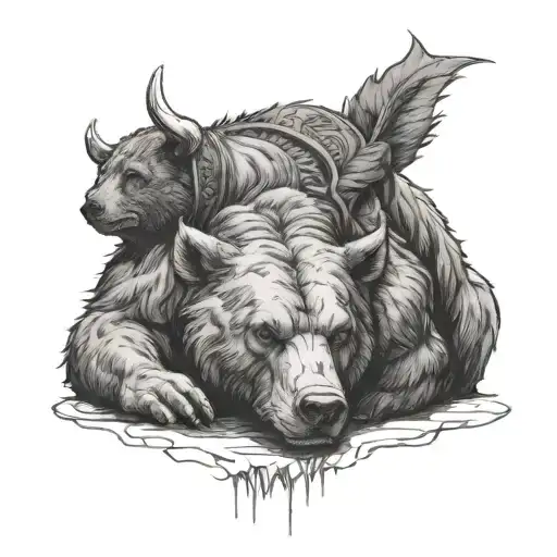 I want a minotaur and a bear resting their heads as if measuring strength, the bear should have a human physique and mus tattoo design idea